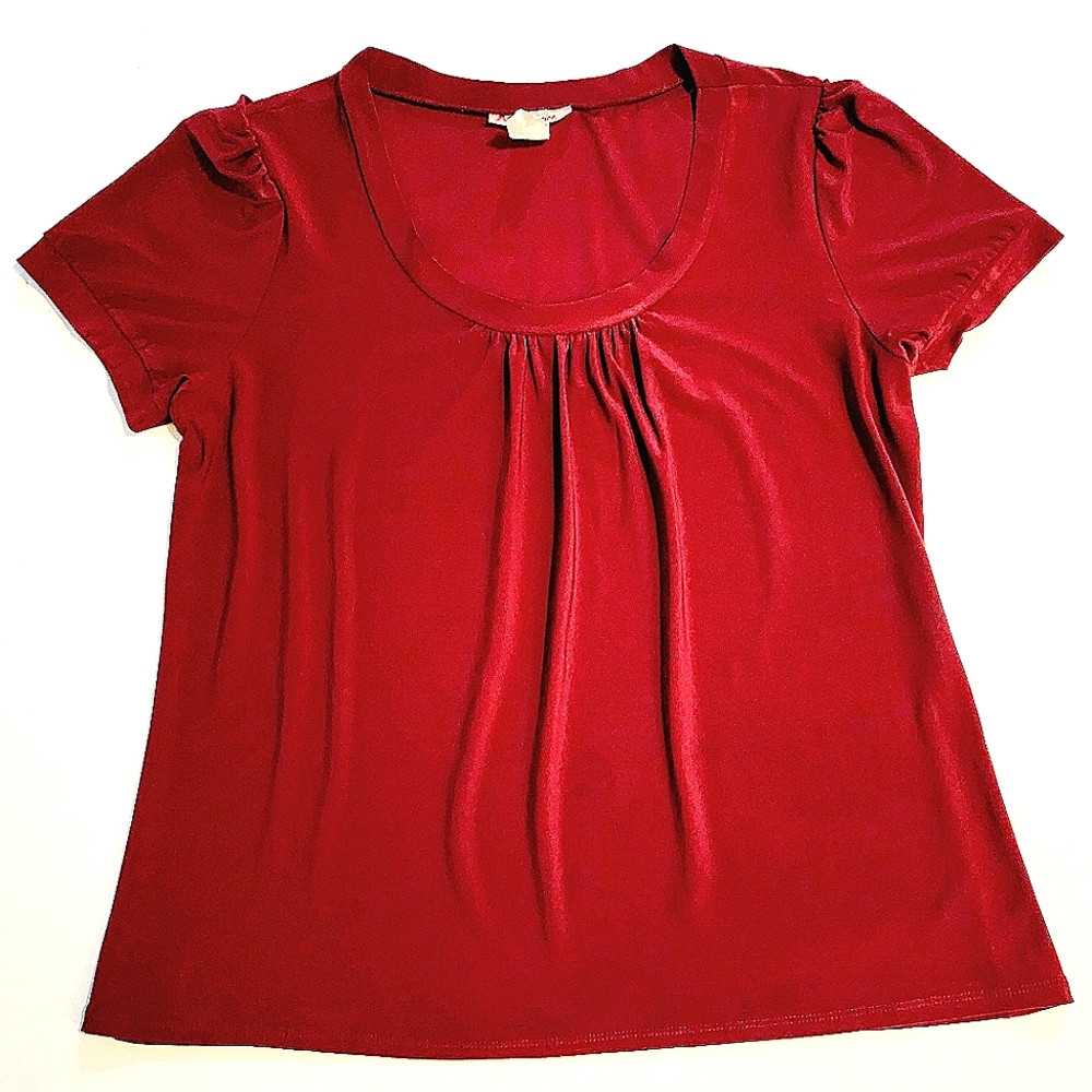 First Choice Womens Red Burgundy Pleated Scoop Neck Blouse Top
